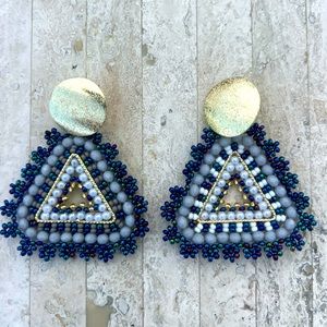 Handmade Colombian blue triangle beaded Statement Earrings - Light Weight!